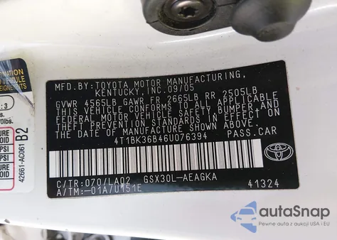 2006 Toyota Avalon Xls z USA, uszkodzony, nr VIN 4T1BK36B46U076394